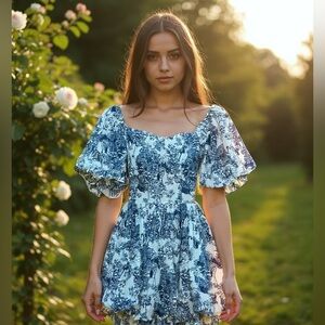Blue & White Puff Sleeve Mini Dress – Romantic Cottagecore Style